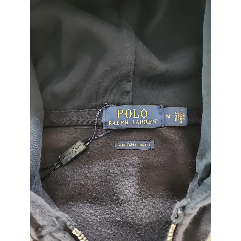 Vtg‎ Polo Ralph Lauren Full Zip Hoodie Medium Navy Blue Yellow Logo Slim Fit